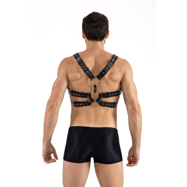 Harnais homme simili cuir avec sangles reliées par de larges anneaux 